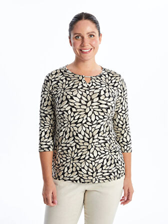 LCW Grace Siyah Bisiklet Yaka Desenli Kadın Tişört