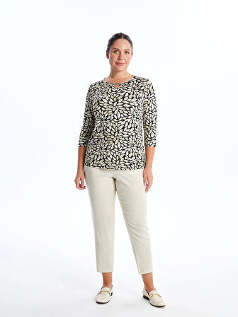 LCW Grace Siyah Bisiklet Yaka Desenli Kadın Tişört