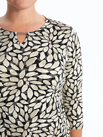 LCW Grace Siyah Bisiklet Yaka Desenli Kadın Tişört