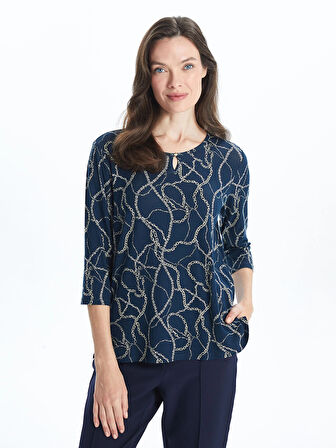 LCW Grace Lacivert Bisiklet Yaka Desenli Kadın Bluz
