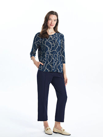 LCW Grace Lacivert Bisiklet Yaka Desenli Kadın Bluz
