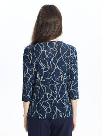 LCW Grace Lacivert Bisiklet Yaka Desenli Kadın Bluz