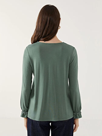 LCW Grace Yeşil Bisiklet Yaka Dantel Detaylı Kadın Bluz