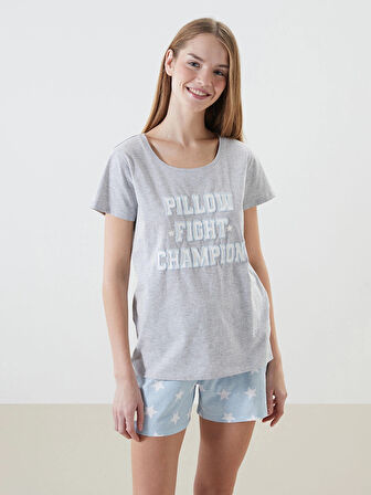 LCW DREAM MAVİ Bisiklet Yaka Baskılı Kadın Şortlu Pijama Takımı