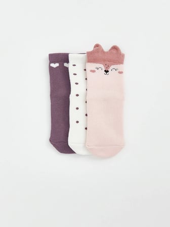 LCW baby Pembe Baskılı Kız Bebek Soket Çorap 3'lü