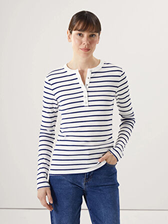 LCWAIKIKI Basic LACİVERT Bisiklet Yaka Çizgili Kadın Tişört