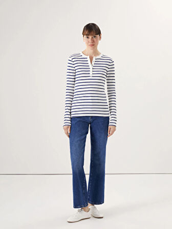 LCWAIKIKI Basic LACİVERT Bisiklet Yaka Çizgili Kadın Tişört