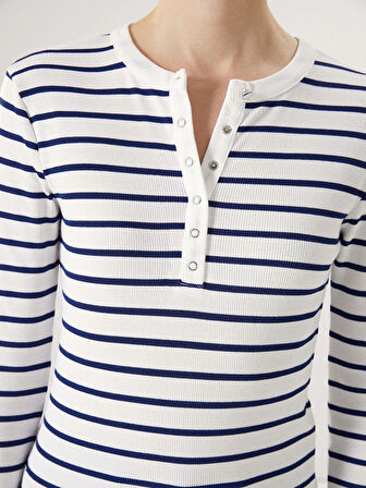 LCWAIKIKI Basic LACİVERT Bisiklet Yaka Çizgili Kadın Tişört