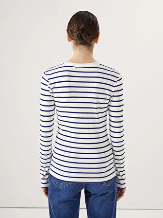 LCWAIKIKI Basic LACİVERT Bisiklet Yaka Çizgili Kadın Tişört