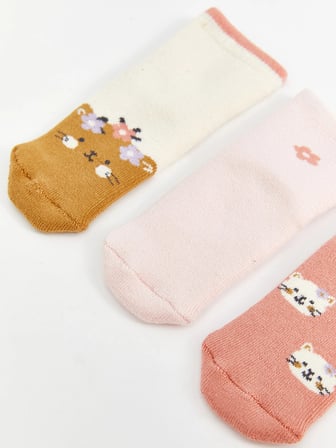 LCW baby Ekru Baskılı Kız Bebek Soket Çorap 3'lü