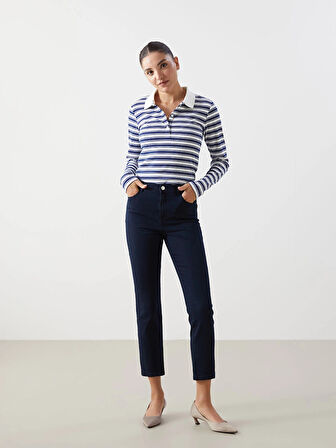 LCWAIKIKI Basic Lacivert Polo Yaka Çizgili Kadın Tişört