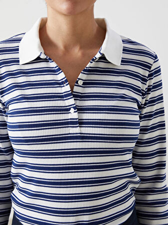 LCWAIKIKI Basic Lacivert Polo Yaka Çizgili Kadın Tişört