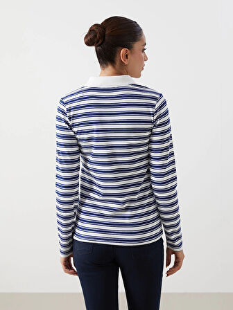 LCWAIKIKI Basic Lacivert Polo Yaka Çizgili Kadın Tişört