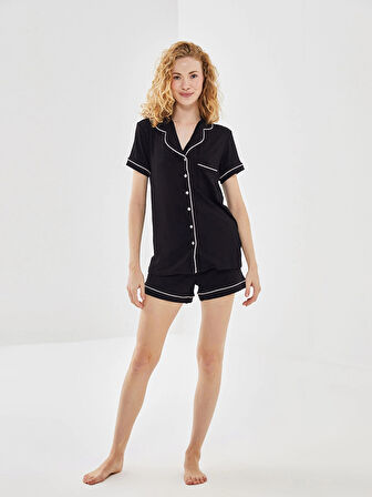 LCW DREAM Siyah Gömlek Yaka Kadın Şortlu Pijama Takımı