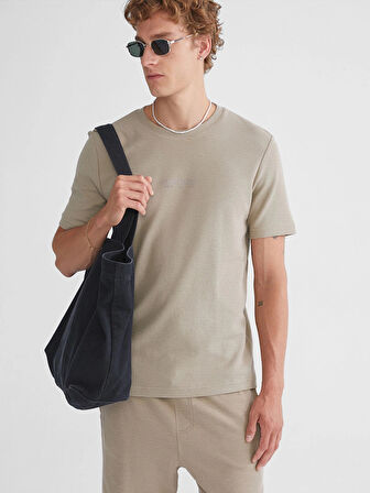 XSIDE Bej Bisiklet Yaka Kısa Kollu Baskılı Erkek Tişört