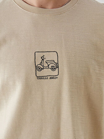 XSIDE Bej Bisiklet Yaka Nakışlı Erkek Tişört