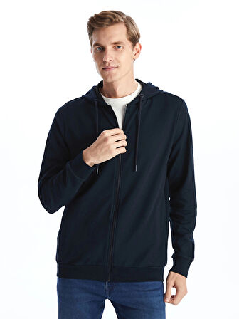 LCWAIKIKI Basic Lacivert Kapüşonlu Uzun Kollu Erkek Fermuarlı Sweatshirt