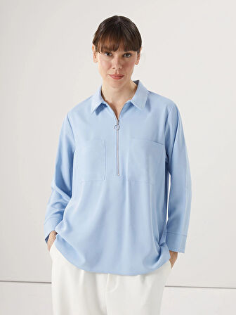 LCWAIKIKI Classic MAVİ Gömlek Yaka Aerobin Kadın Bluz