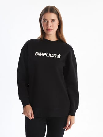 LCW Modest Siyah Bisiklet Yaka Baskılı Kadın Kalın Sweatshirt Tunik