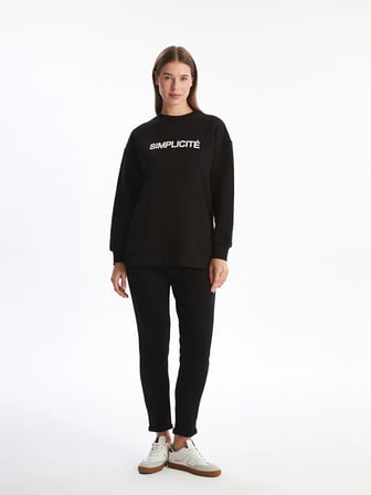 LCW Modest Siyah Bisiklet Yaka Baskılı Kadın Kalın Sweatshirt Tunik