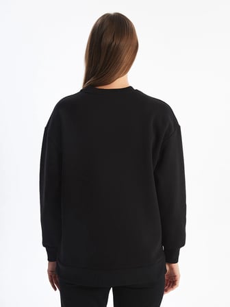 LCW Modest Siyah Bisiklet Yaka Baskılı Kadın Kalın Sweatshirt Tunik
