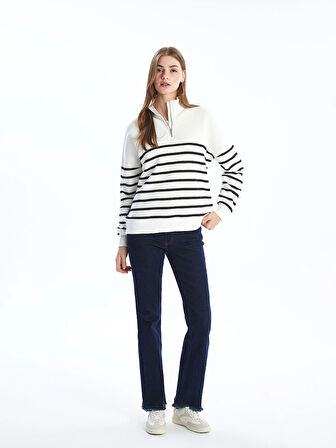 LCW Modest Siyah Dik Yaka Çizgili Kadın Sweatshirt Tunik