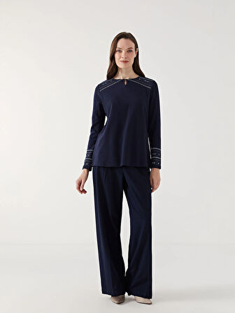 LCW Grace LACİVERT Bisiklet Yaka Desenli Kadın Bluz