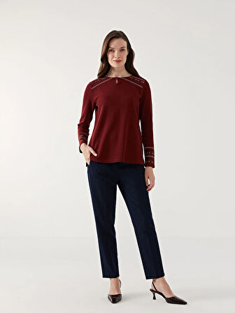 LCW Grace BORDO Bisiklet Yaka Desenli Kadın Bluz