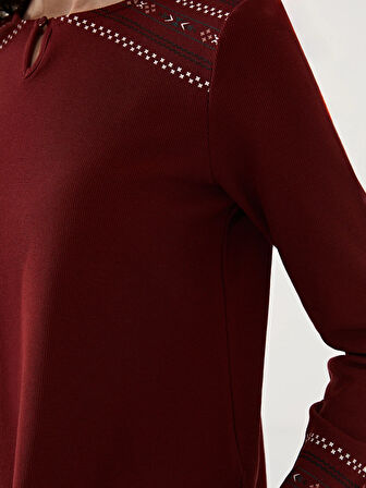 LCW Grace BORDO Bisiklet Yaka Desenli Kadın Bluz