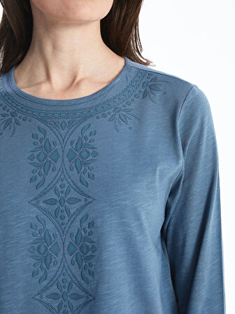 LCW Grace İNDİGO Bisiklet Yaka Nakışlı Kadın Bluz