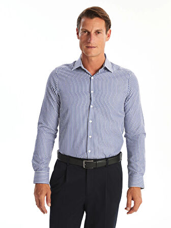 LCWAIKIKI Formal Lacivert Slim Fit Uzun Kollu Çizgili Poplin Erkek Gömlek
