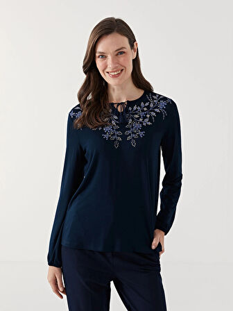 LCW Grace Lacivert Bağlamalı Yaka Çiçekli Kadın Bluz