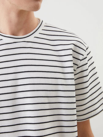 XSIDE Ekru Bisiklet Yaka Kısa Kollu Çizgili Penye Erkek Tişört