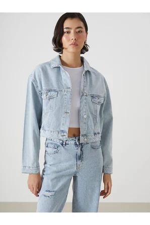 LCW Vision İndigo Gömlek Yaka Oversize Crop Kadın Jean Ceket