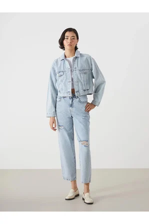 LCW Vision İndigo Gömlek Yaka Oversize Crop Kadın Jean Ceket