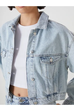 LCW Vision İndigo Gömlek Yaka Oversize Crop Kadın Jean Ceket
