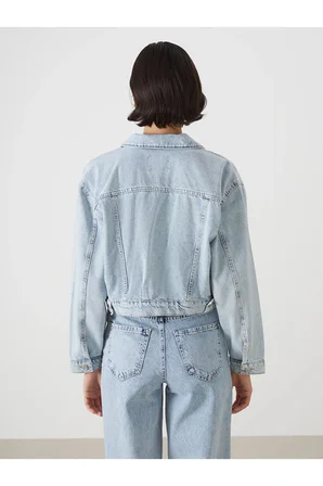LCW Vision İndigo Gömlek Yaka Oversize Crop Kadın Jean Ceket