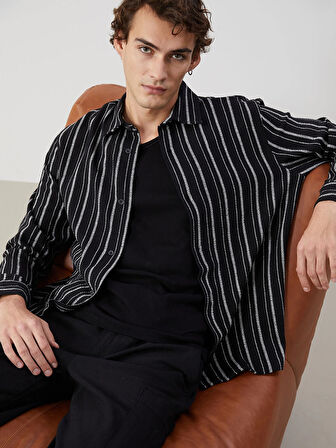 XSIDE SİYAH Regular Fit Uzun Kollu Çizgili Erkek Gömlek