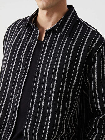 XSIDE SİYAH Regular Fit Uzun Kollu Çizgili Erkek Gömlek