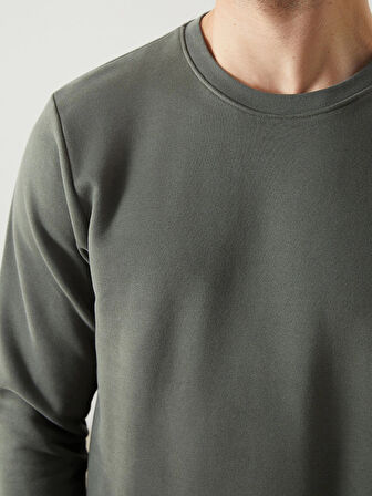 LCWAIKIKI Basic Haki Bisiklet Yaka Uzun Kollu Erkek Sweatshirt