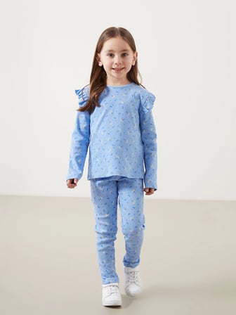 LCW Kids MAVİ Bisiklet Yaka Çiçekli Kız Çocuk Bluz ve Tayt 2'li