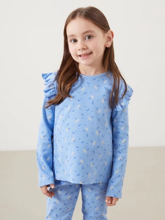 LCW Kids MAVİ Bisiklet Yaka Çiçekli Kız Çocuk Bluz ve Tayt 2'li