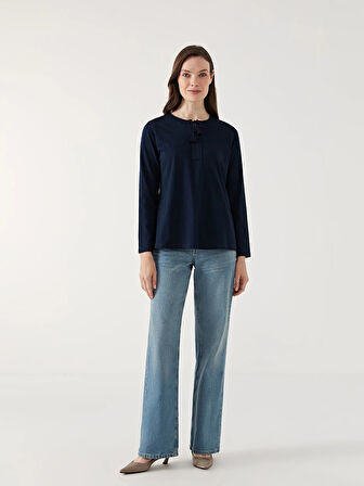 LCW Grace Lacivert Bağlamalı Yaka Nakışlı Kadın Bluz