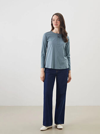 LCW Grace Mavi Bağlamalı Yaka Nakışlı Kadın Bluz