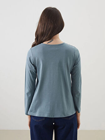 LCW Grace Mavi Bağlamalı Yaka Nakışlı Kadın Bluz