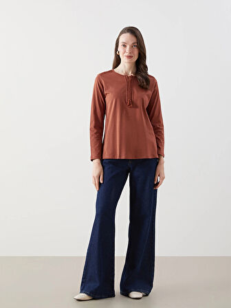 LCW Grace Kahverengi Bağlamalı Yaka Nakışlı Kadın Bluz