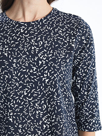 LCW Grace Lacivert Bisiklet Yaka Desenli Kadın Tişört