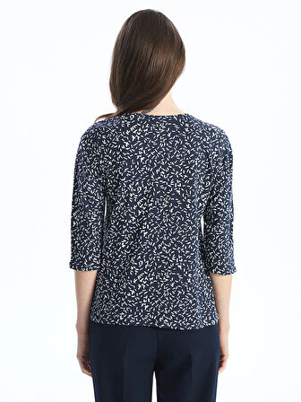 LCW Grace Lacivert Bisiklet Yaka Desenli Kadın Tişört