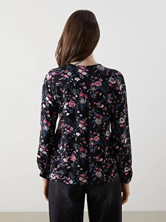 LCW Grace SİYAH Bağlamalı Yaka Çiçekli Kadın Bluz