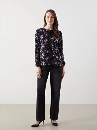 LCW Grace SİYAH Bağlamalı Yaka Çiçekli Kadın Bluz